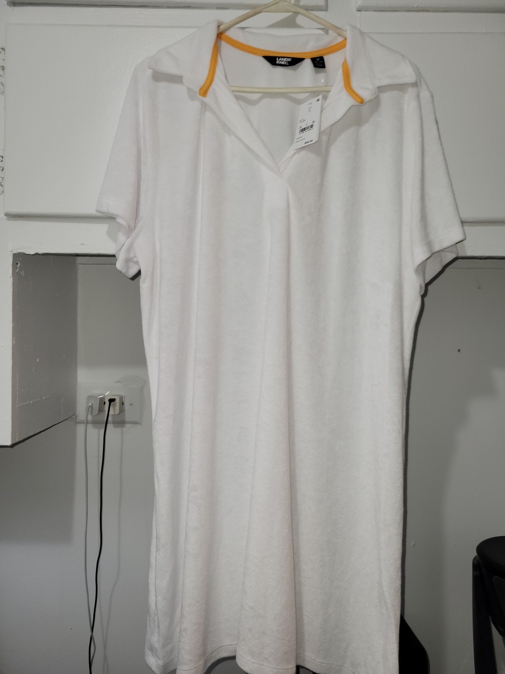 Lands' End White Terry Swim Coverup Polo with Yellow Trim